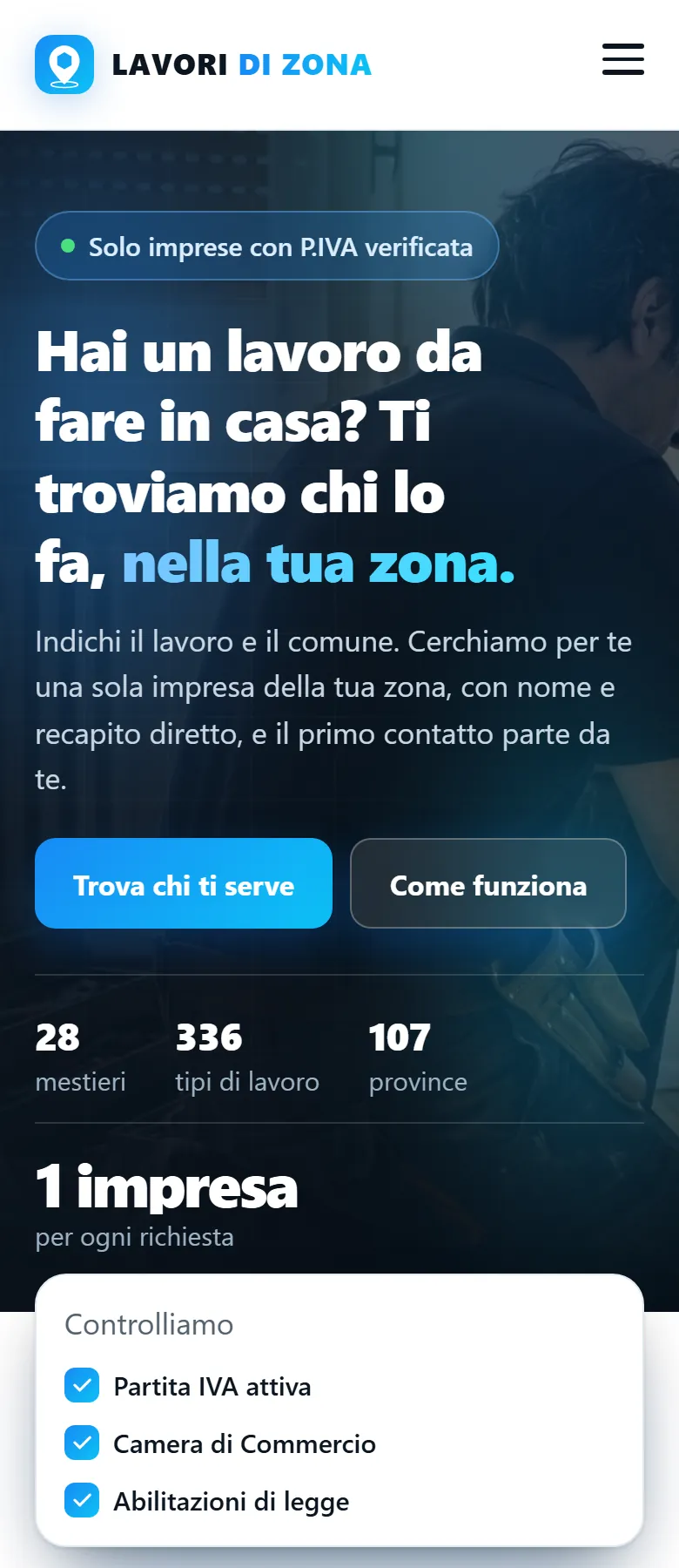 La prima schermata di Lavori di Zona: si sceglie il lavoro e il comune